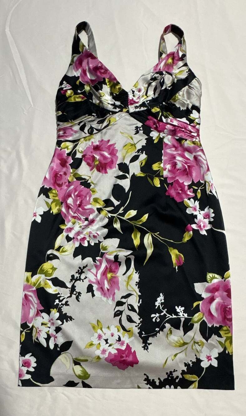 David Meister Silk Floral Ruched Dress Size 12 Black Pink White